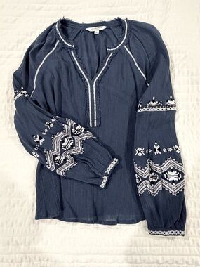 Liverpool Navy Peasant Blouse with White Embroidery